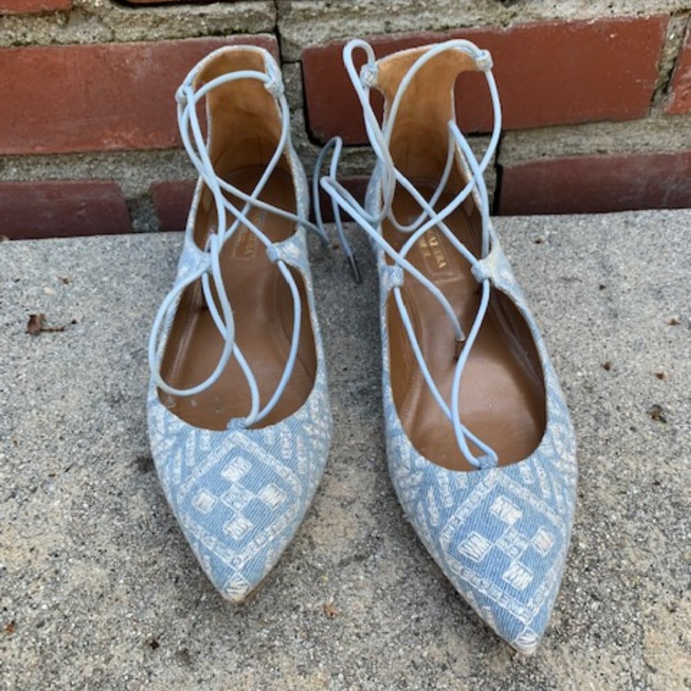 Embroidered Light Denim Lace-Up Flats - Size 39